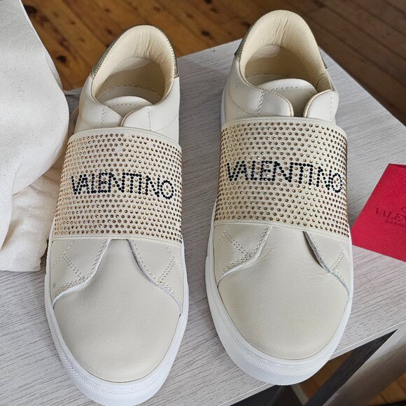 Valentino Garavani Shoes - Valentino Garavani Gold Studded Logo Sneakers — With Box, Dust Bag & Tag